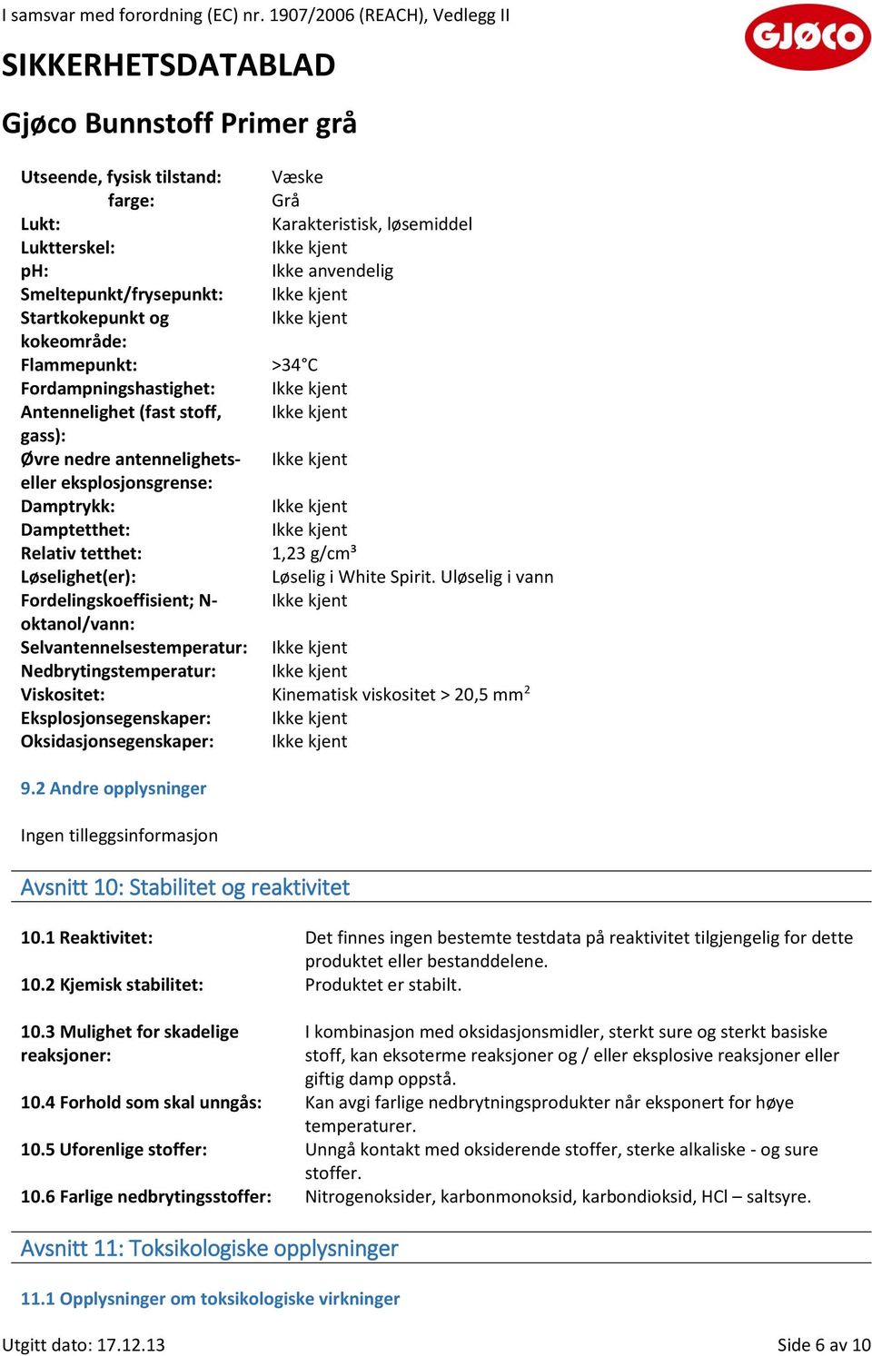 Uløselig i vann Fordelingskoeffisient; N- oktanol/vann: Selvantennelsestemperatur: Nedbrytingstemperatur: Viskositet: Kinematisk viskositet > 20,5 mm 2 Eksplosjonsegenskaper: Oksidasjonsegenskaper: 9.