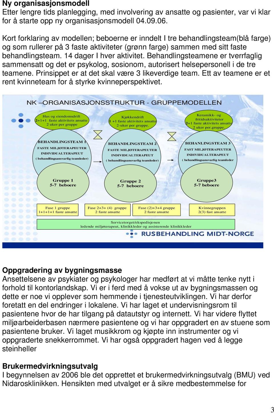 Behandlingsteamene er tverrfaglig sammensatt og det er psykolog, sosionom, autorisert helsepersonell i de tre teamene. Prinsippet er at det skal være 3 likeverdige team.