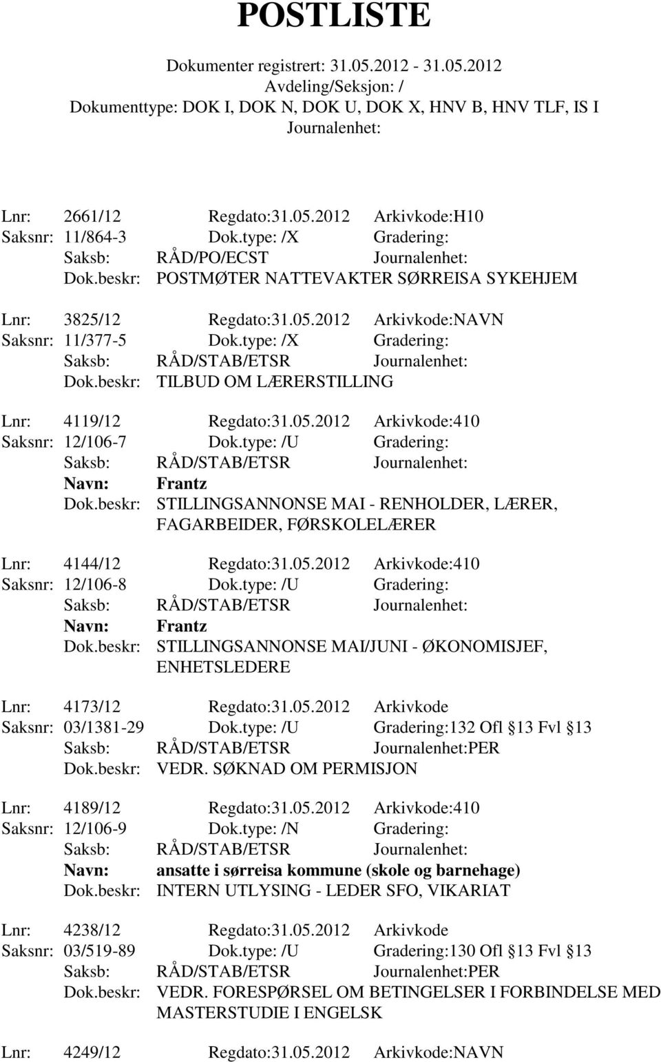 beskr: STILLINGSANNONSE MAI - RENHOLDER, LÆRER, FAGARBEIDER, FØRSKOLELÆRER Lnr: 4144/12 Regdato:31.05.2012 Arkivkode:410 Saksnr: 12/106-8 Dok.type: /U Gradering: Navn: Frantz Dok.