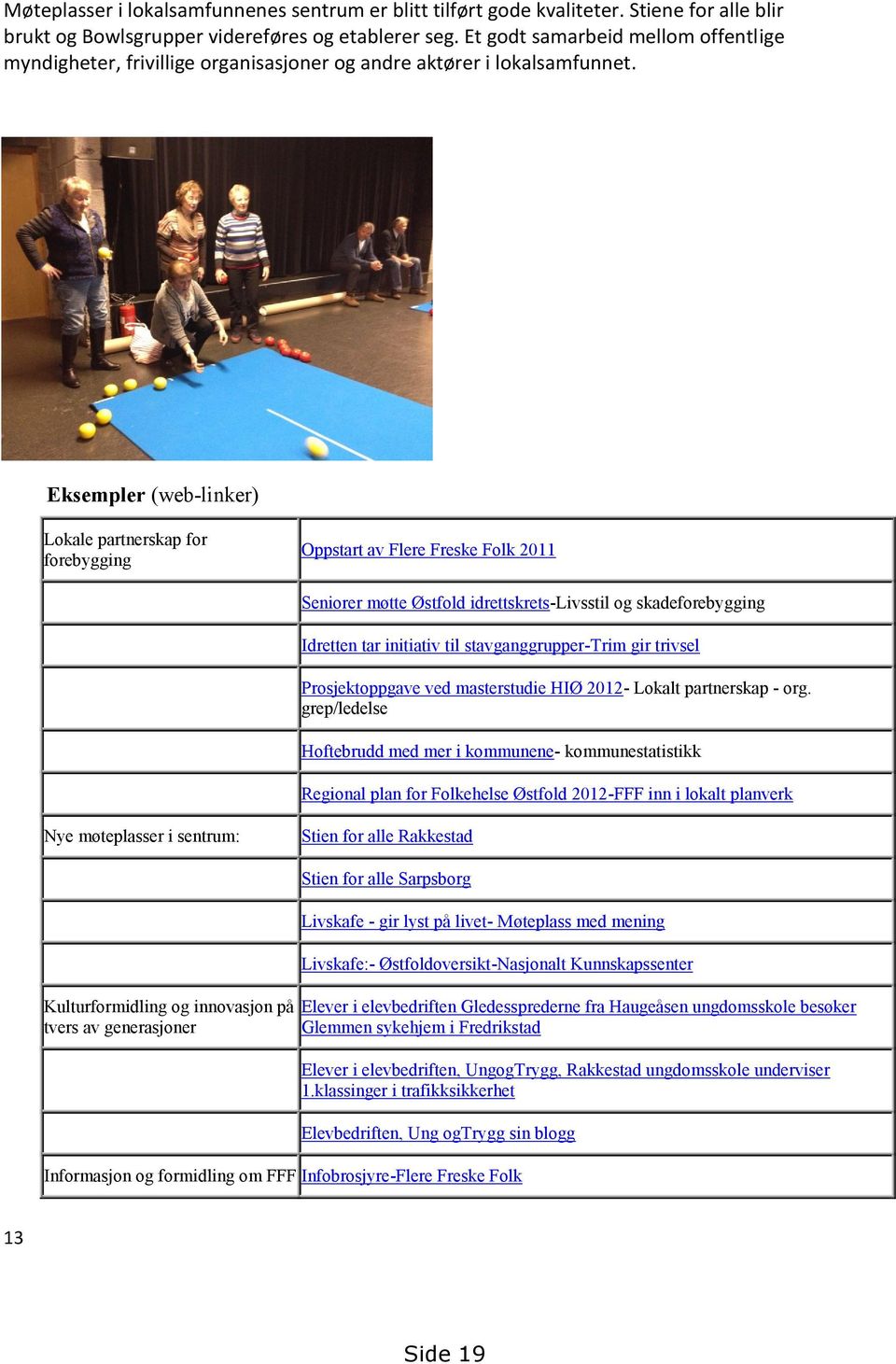 Eksempler (web-linker) Lokale partnerskap for forebygging Oppstart av Flere Freske Folk 2011 Seniorer møtte Østfold idrettskrets-livsstil og skadeforebygging Idretten tar initiativ til