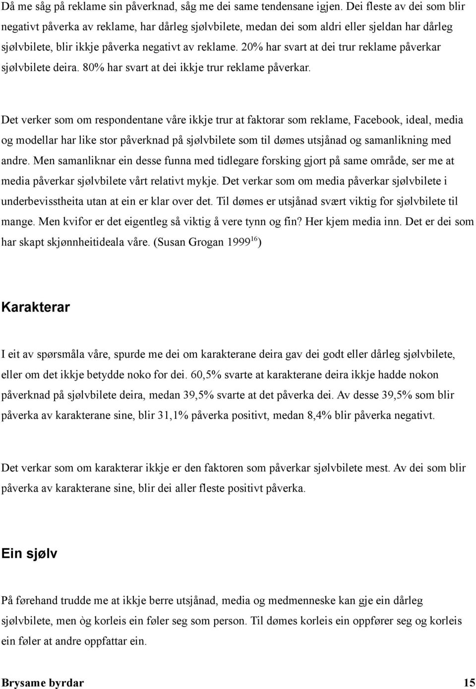 20% har svart at dei trur reklame påverkar sjølvbilete deira. 80% har svart at dei ikkje trur reklame påverkar.