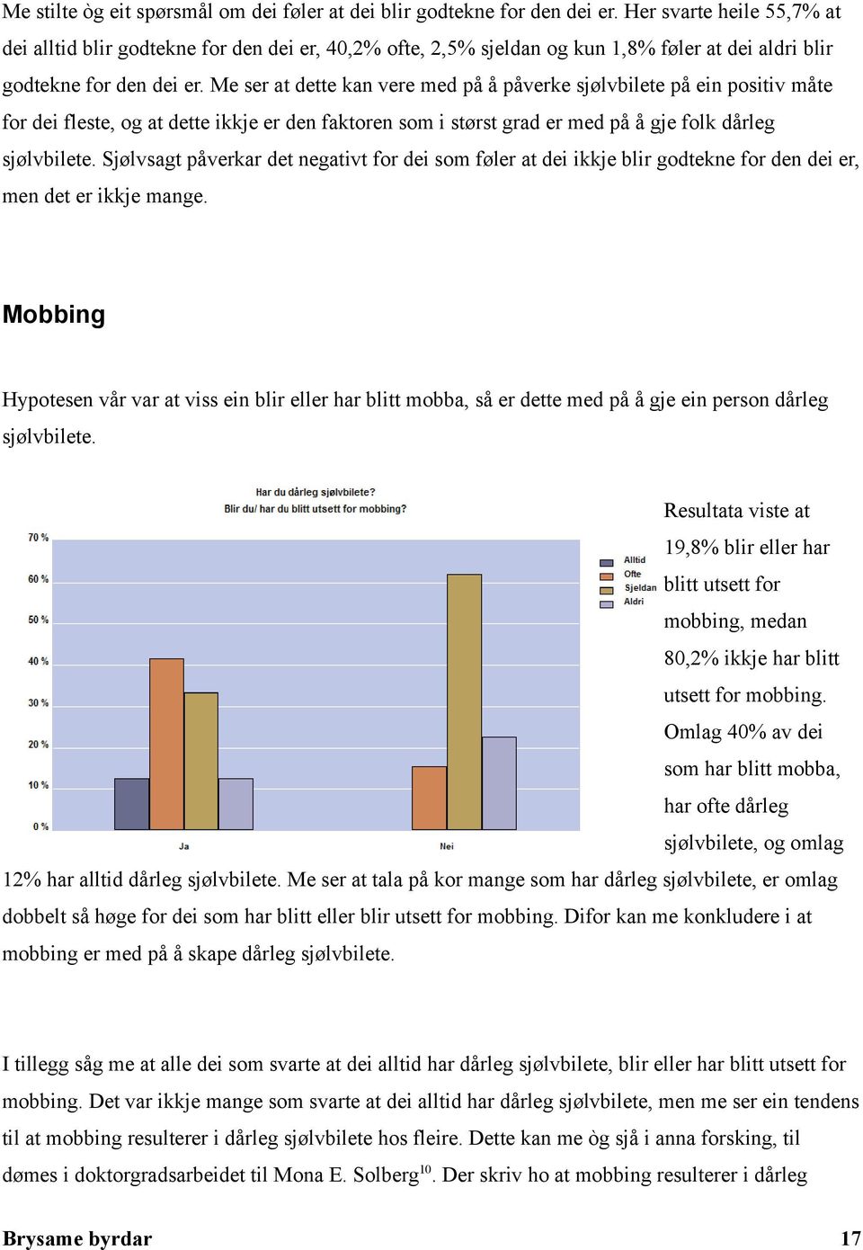 Me ser at dette kan vere med på å påverke sjølvbilete på ein positiv måte for dei fleste, og at dette ikkje er den faktoren som i størst grad er med på å gje folk dårleg sjølvbilete.