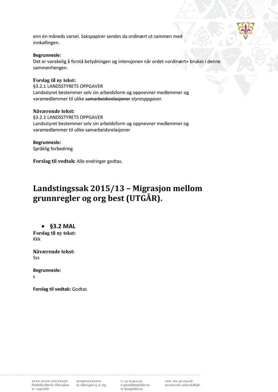 1 LANDSSTYRETS OPPGAVER Landsstyret bestemmer selv sin arbeidsform og oppnevner medlemmer og varamedlemmer til ulike samarbeidsrelasjoner styreoppgaver. 3.2.