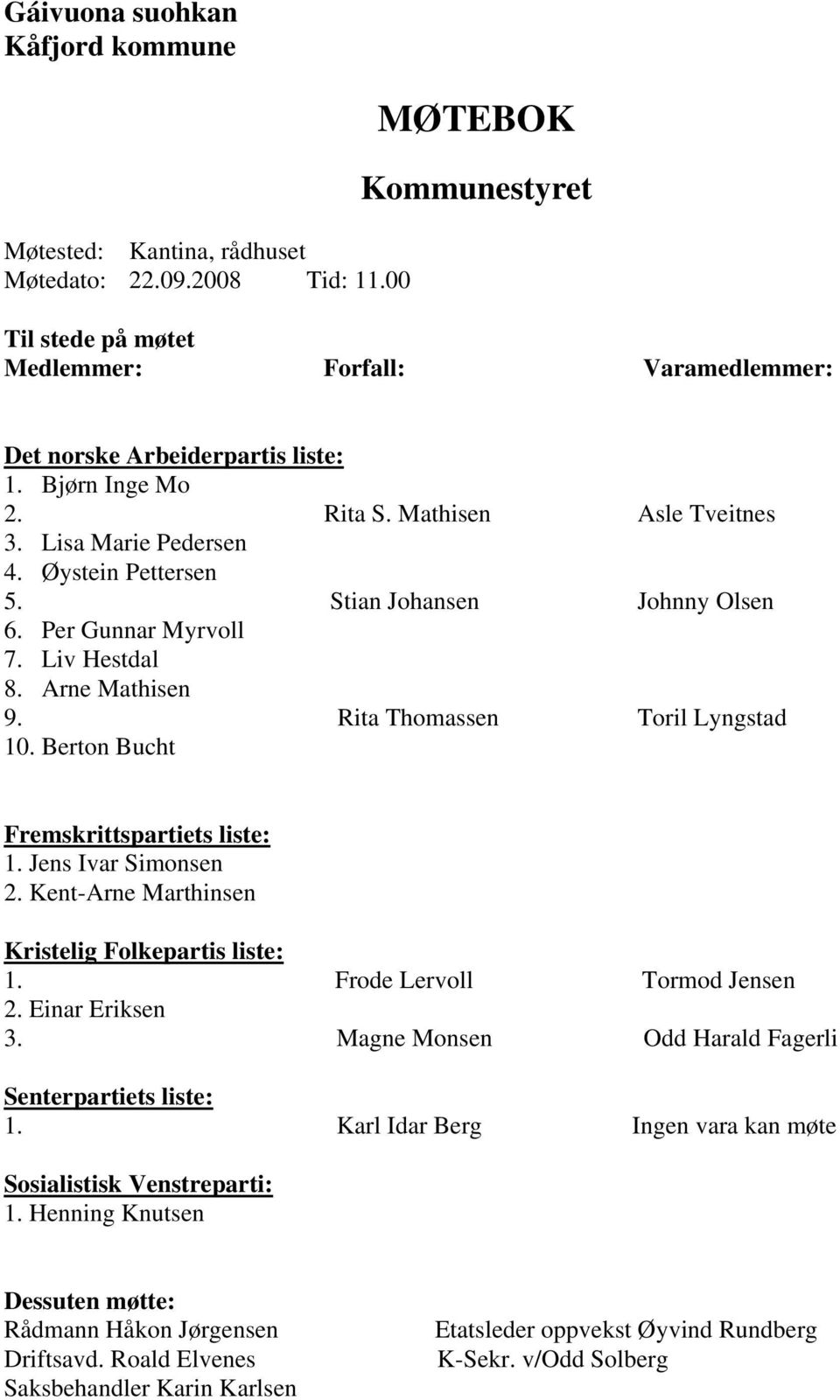 Øystein Pettersen 5. Stian Johansen Johnny Olsen 6. Per Gunnar Myrvoll 7. Liv Hestdal 8. Arne Mathisen 9. Rita Thomassen Toril Lyngstad 10. Berton Bucht Fremskrittspartiets liste: 1.