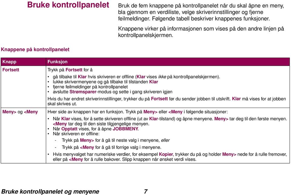 Knappene på kontrollpanelet Knapp Fortsett Meny> og <Meny Funksjon Trykk på Fortsett for å gå tilbake til Klar hvis skriveren er offline (Klar vises ikke på kontrollpanelskjermen).