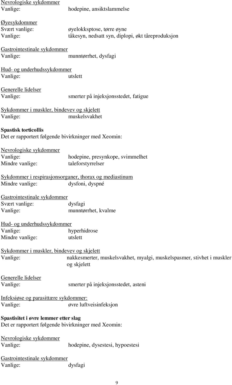 følgende bivirkninger med Xeomin: Nevrologiske sykdommer Mindre vanlige: hodepine, presynkope, svimmelhet taleforstyrrelser Sykdommer i respirasjonsorganer, thorax og mediastinum Mindre vanlige: