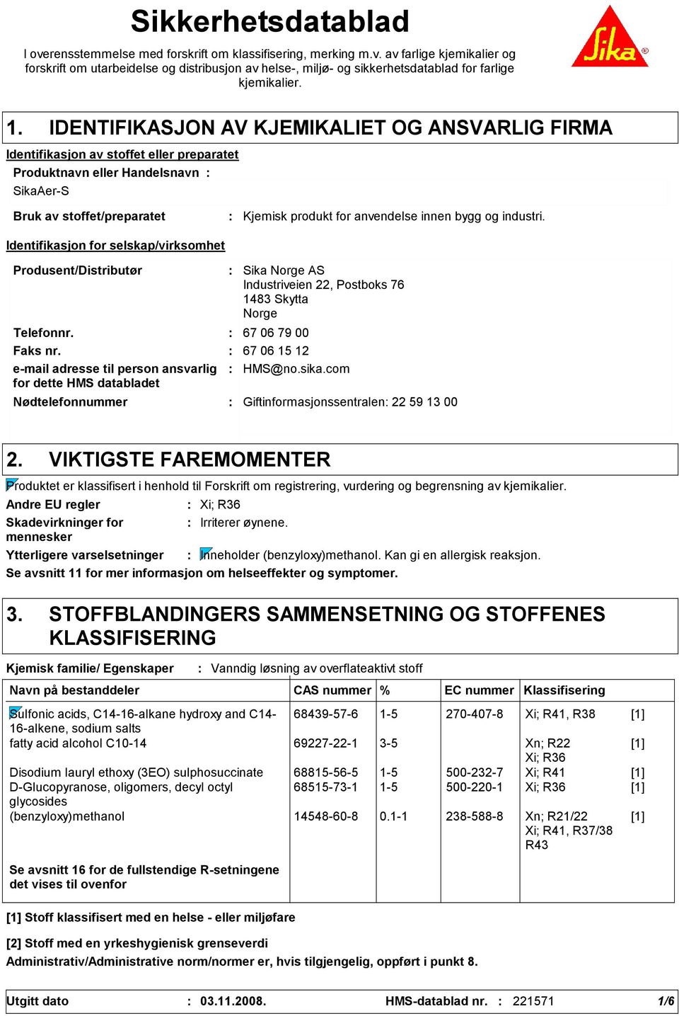 Kjemisk produkt for anvendelse innen bygg og industri. Produsent/Distributør Nødtelefonnummer Sika Norge AS Industriveien 22, Postboks 76 1483 Skytta Norge Telefonnr. 67 06 79 00 Faks nr.