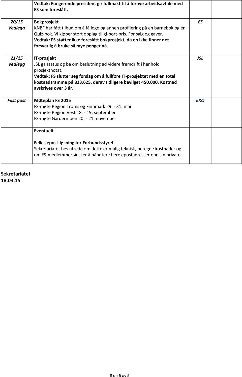 IT-prosjekt ga status og ba om beslutning ad videre fremdrift i henhold prosjektnotat. Vedtak: FS slutter seg forslag om å fullføre IT-prosjektet med en total kostnadsramme på 823.