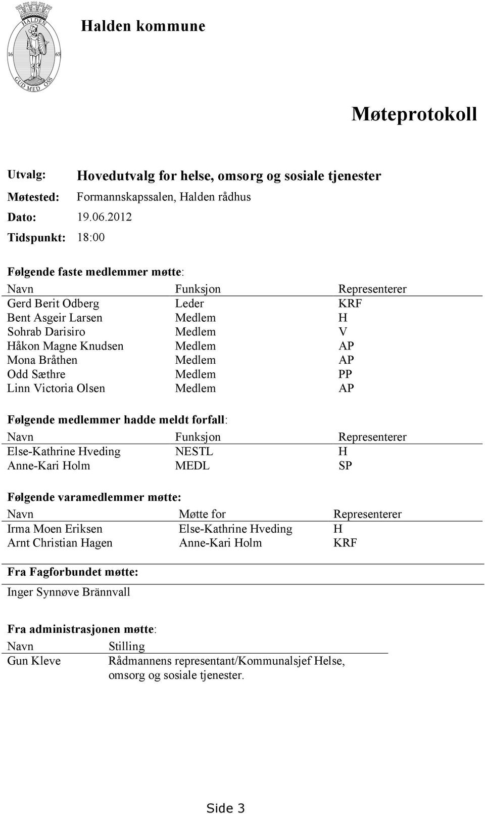 Asgeir Larsen Medlem H Sohrab Darisiro Medlem V Håkon Magne Knudsen Medlem AP Mona Bråthen Medlem AP Odd Sæthre Medlem PP Linn Victoria Olsen Medlem AP Følgende medlemmer hadde meldt forfall: Navn