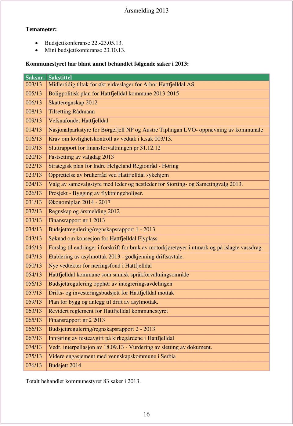 009/13 Vefsnafondet Hattfjelldal 014/13 Nasjonalparkstyre for Børgefjell NP og Austre Tiplingan LVO- oppnevning av kommunale 016/13 representanter Krav om lovlighetskontroll av vedtak i k.sak 003/13.
