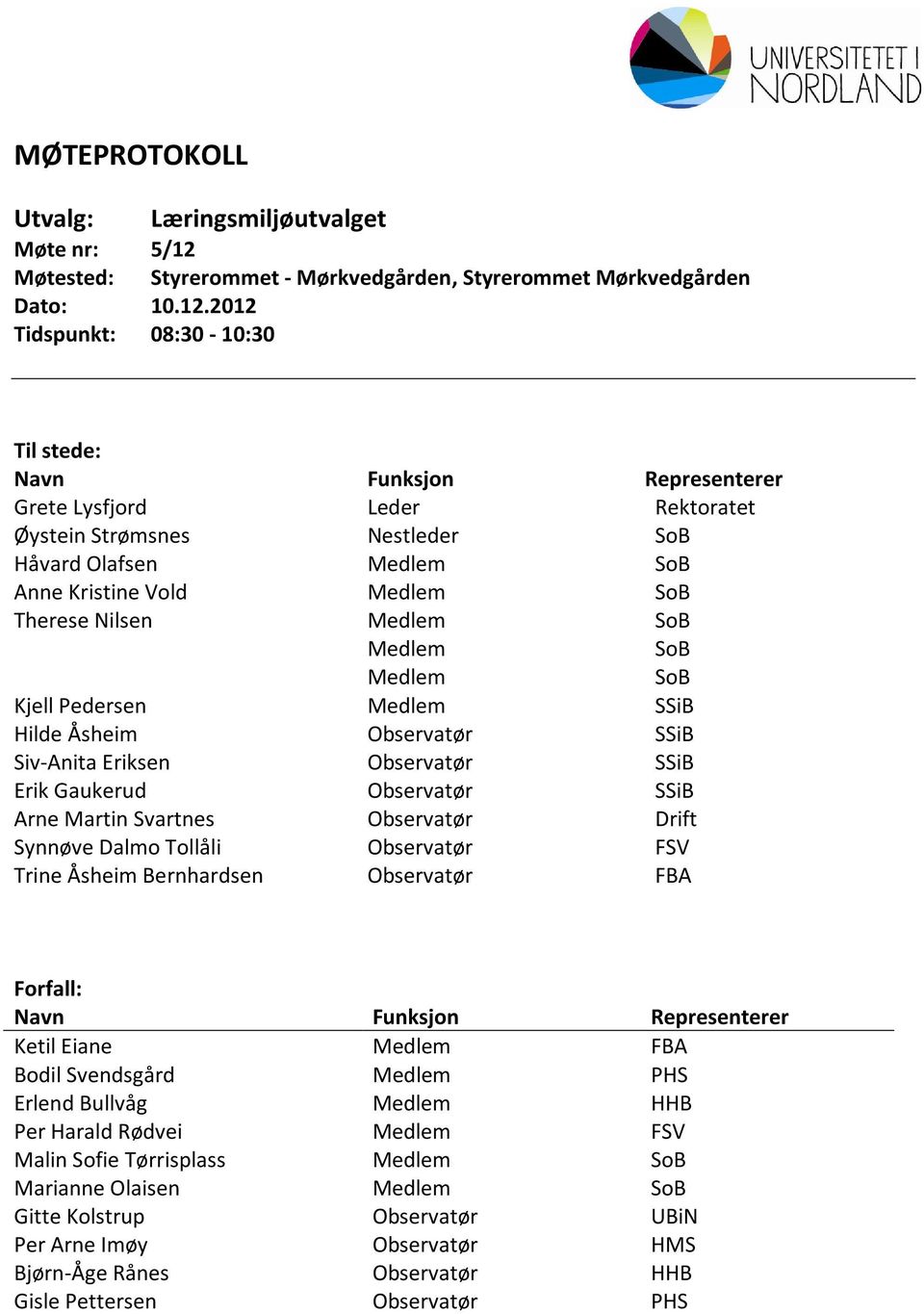 2012 Tidspunkt: 08:30-10:30 Til stede: Navn Funksjon Representerer Grete Lysfjord Leder Rektoratet Øystein Strømsnes Nestleder SoB Håvard Olafsen Medlem SoB Anne Kristine Vold Medlem SoB Therese