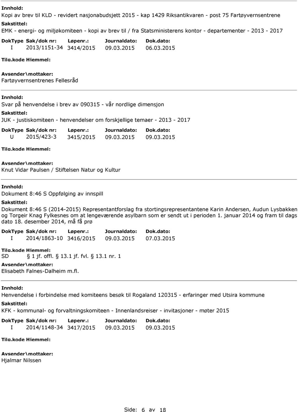 - 2013-2017 2015/423-3 3415/2015 Knut Vidar Paulsen / Stiftelsen Natur og Kultur Dokument 8:46 S Oppfølging av innspill Dokument 8:46 S (2014-2015) Representantforslag fra stortingsrepresentantene