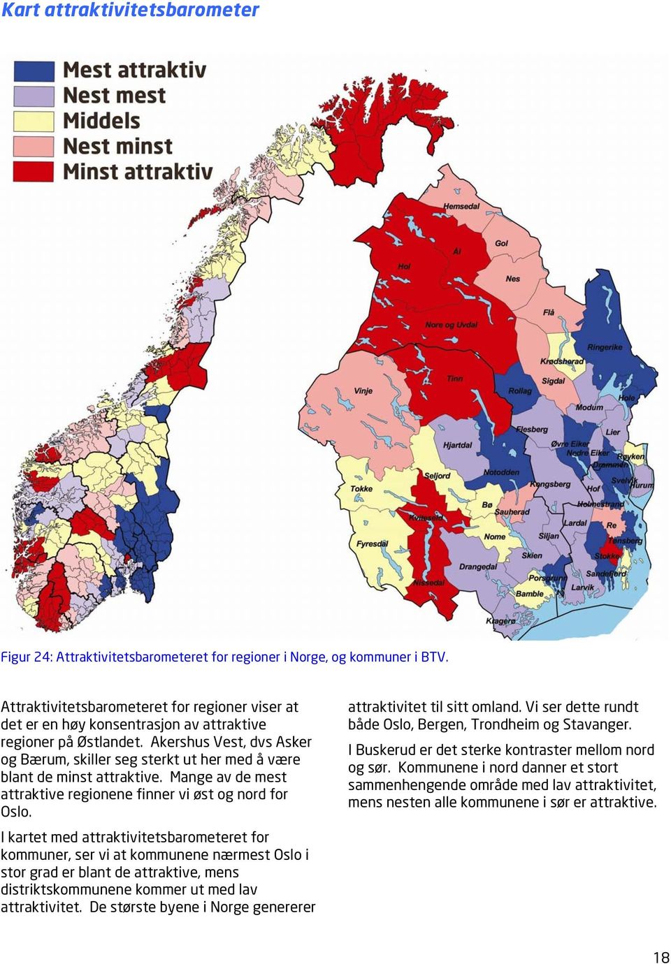 Akershus Vest, dvs Asker og Bærum, skiller seg sterkt ut her med å være blant de minst attraktive. Mange av de mest attraktive regionene finner vi øst og nord for Oslo.