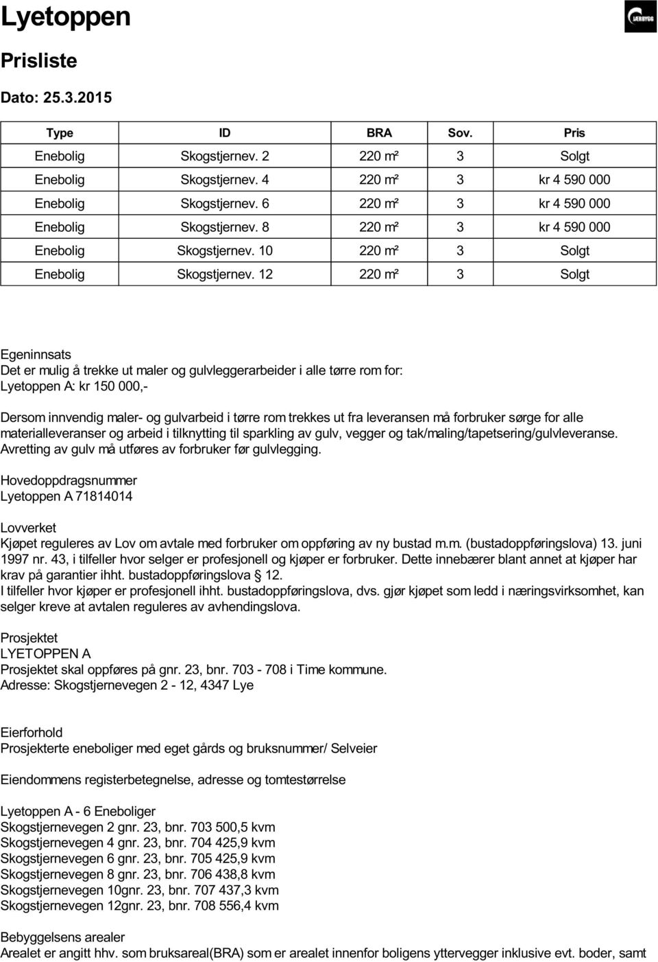 12 220 m² 3 Solgt Egeninnsats Det er mulig å trekke ut maler og gulvleggerarbeider i alle tørre rom for: Lyetoppen A: kr 150 000,- Dersom innvendig maler- og gulvarbeid i tørre rom trekkes ut fra