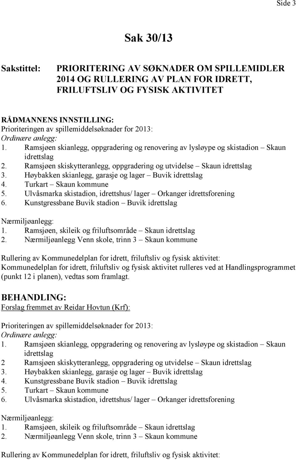 Høybakken skianlegg, garasje og lager Buvik idrettslag 4. Turkart Skaun kommune 5. Ulvåsmarka skistadion, idrettshus/ lager Orkanger idrettsforening 6.