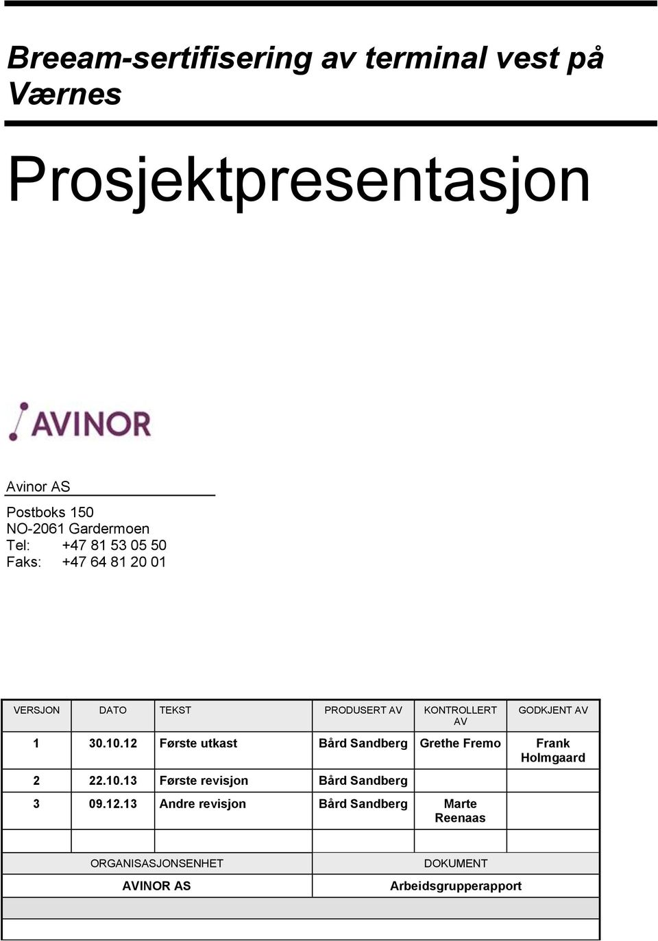 GODKJENT AV 1 30.10.12 Første utkast Bård Sandberg Grethe Fremo Frank Holmgaard 2 22.10.13 Første revisjon Bård Sandberg 3 09.