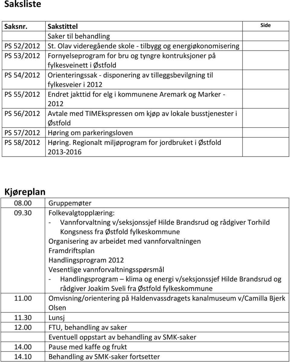 tilleggsbevilgning til fylkesveier i 2012 PS 55/2012 Endret jakttid for elg i kommunene Aremark og Marker - 2012 PS 56/2012 Avtale med TIMEkspressen om kjøp av lokale busstjenester i Østfold PS