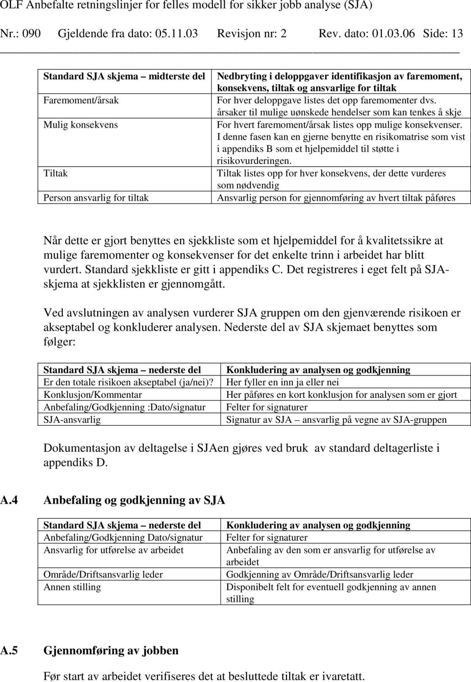 06 Side: 13 Standard SJA skjema midterste del Faremoment/årsak Mulig konsekvens Tiltak Person ansvarlig for tiltak Nedbryting i deloppgaver identifikasjon av faremoment, konsekvens, tiltak og