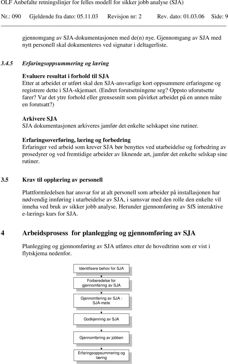 5 Erfaringsoppsummering og læring Evaluere resultat i forhold til SJA Etter at arbeidet er utført skal den SJA-ansvarlige kort oppsummere erfaringene og registrere dette i SJA-skjemaet.