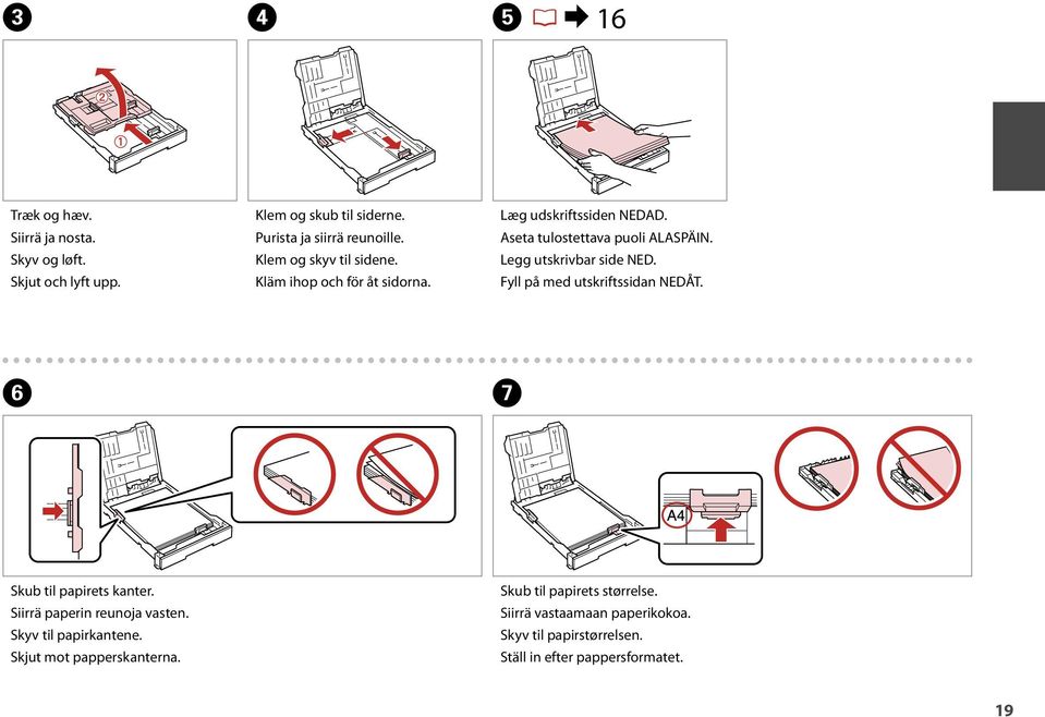 Legg utskrivbar side NED. Fyll på med utskriftssidan NEDÅT. F G Skub til papirets kanter. Siirrä paperin reunoja vasten.