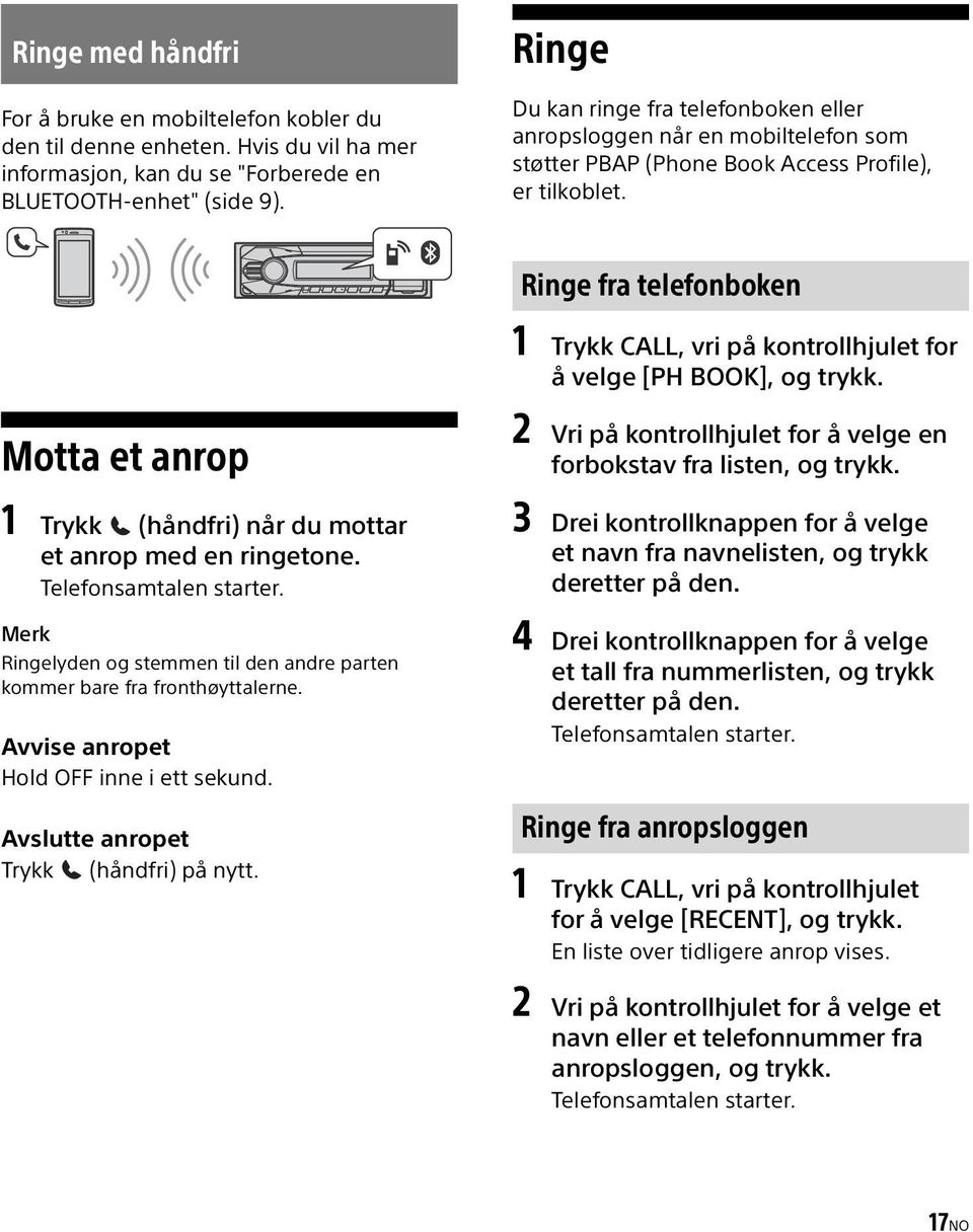 Ringe fra telefonboken 1 Trykk CALL, vri på kontrollhjulet for å velge [PH BOOK], og trykk. Motta et anrop 1 Trykk (håndfri) når du mottar et anrop med en ringetone. Telefonsamtalen starter.