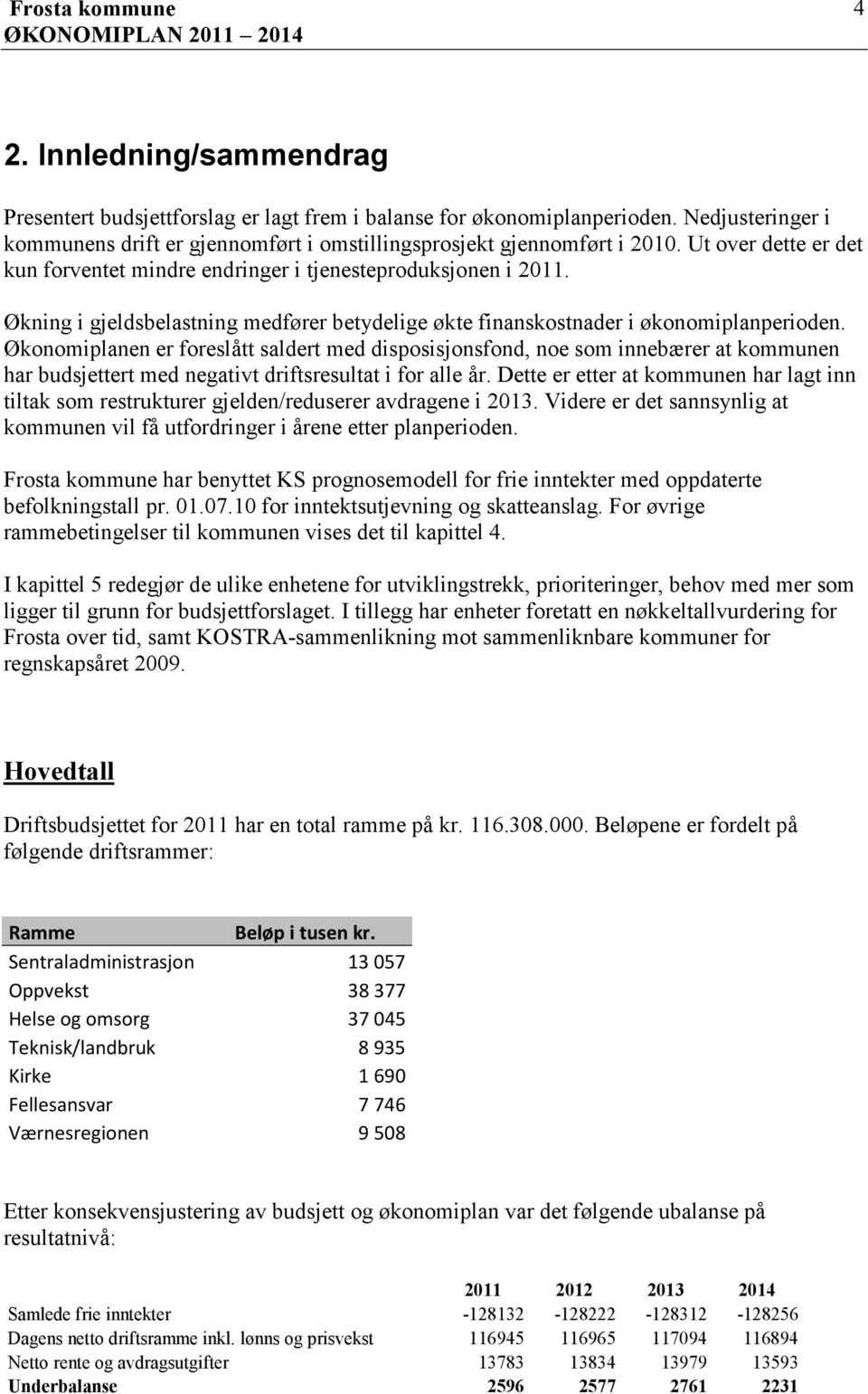 Økonomiplanen er foreslått saldert med disposisjonsfond, noe som innebærer at kommunen har budsjettert med negativt driftsresultat i for alle år.