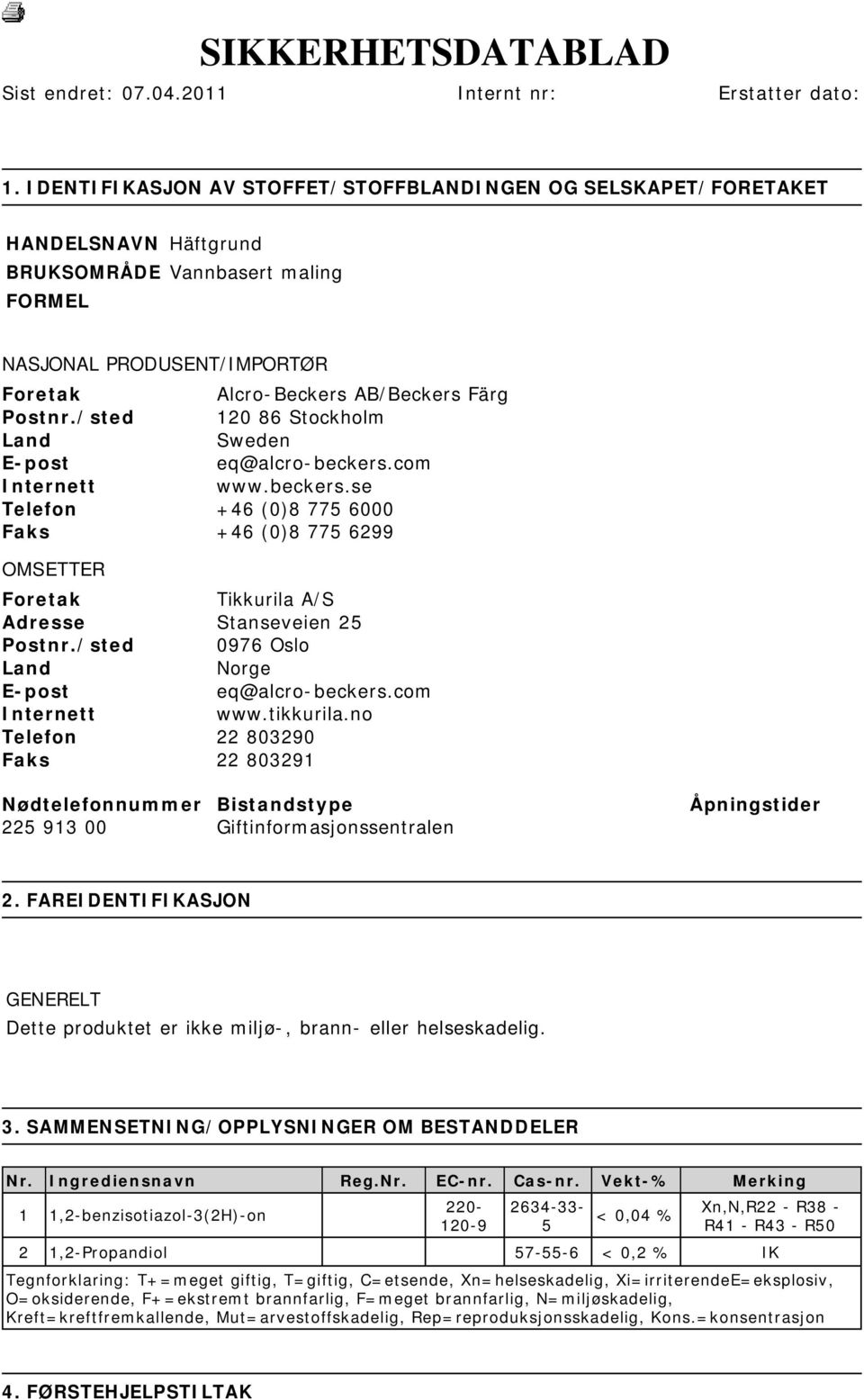 /sted 120 86 Stockholm Land Sweden E-post eq@alcro-beckers.com Internett www.beckers.se Telefon +46 (0)8 775 6000 Faks +46 (0)8 775 6299 OMSETTER Foretak Tikkurila A/S Adresse Stanseveien 25 Postnr.