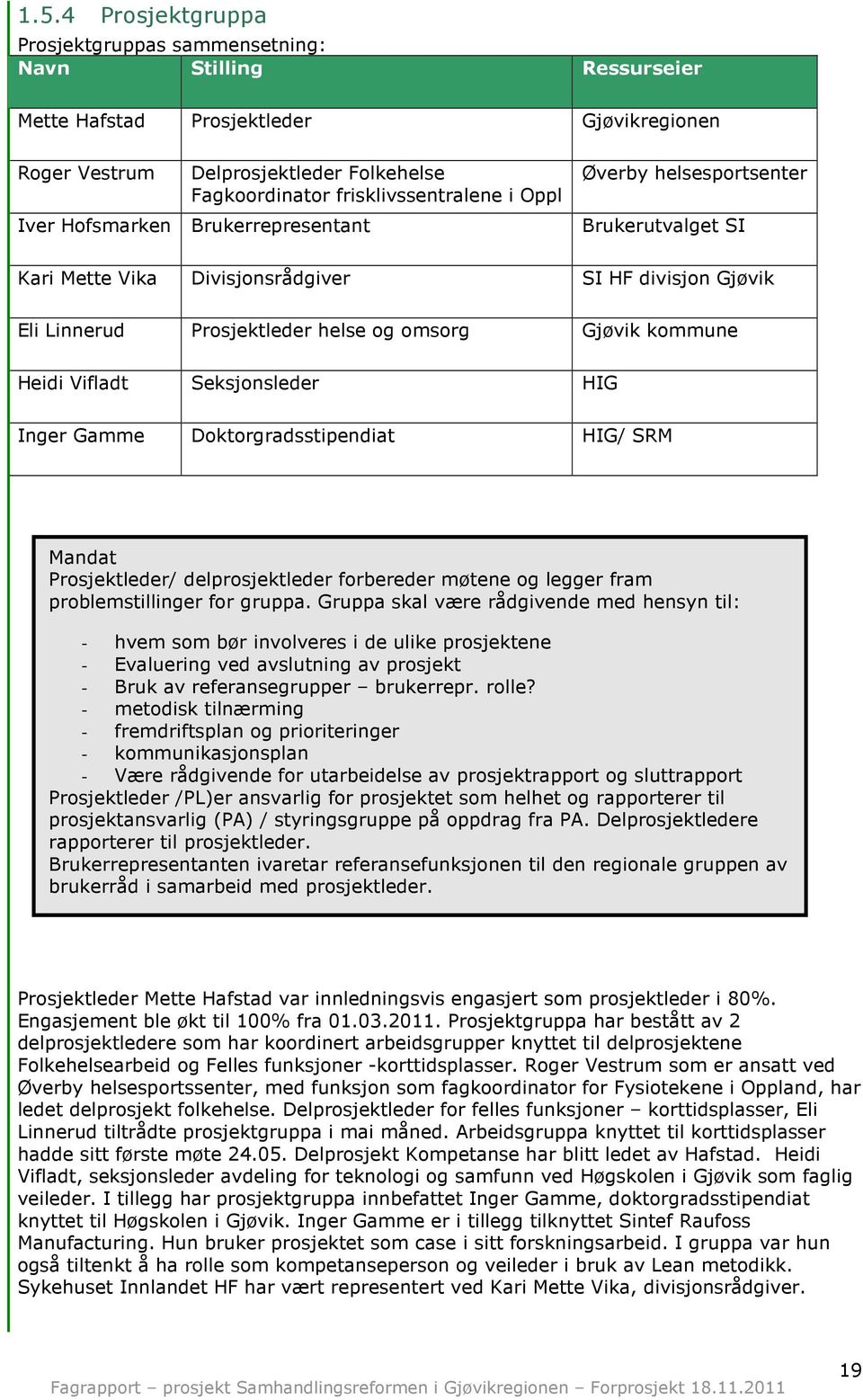 Heidi Vifladt Seksjonsleder HIG Inger Gamme Doktorgradsstipendiat HIG/ SRM Mandat Prosjektleder/ delprosjektleder forbereder møtene og legger fram problemstillinger for gruppa.