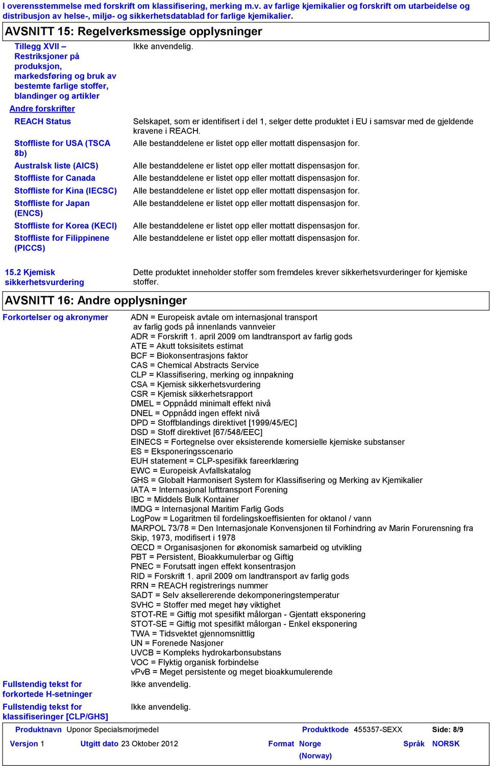 Stoffliste for USA (TSCA 8b) Australsk liste (AICS) Stoffliste for Canada Stoffliste for Kina (IECSC) Stoffliste for Japan (ENCS) Stoffliste for Korea (KECI) Stoffliste for Filippinene (PICCS)