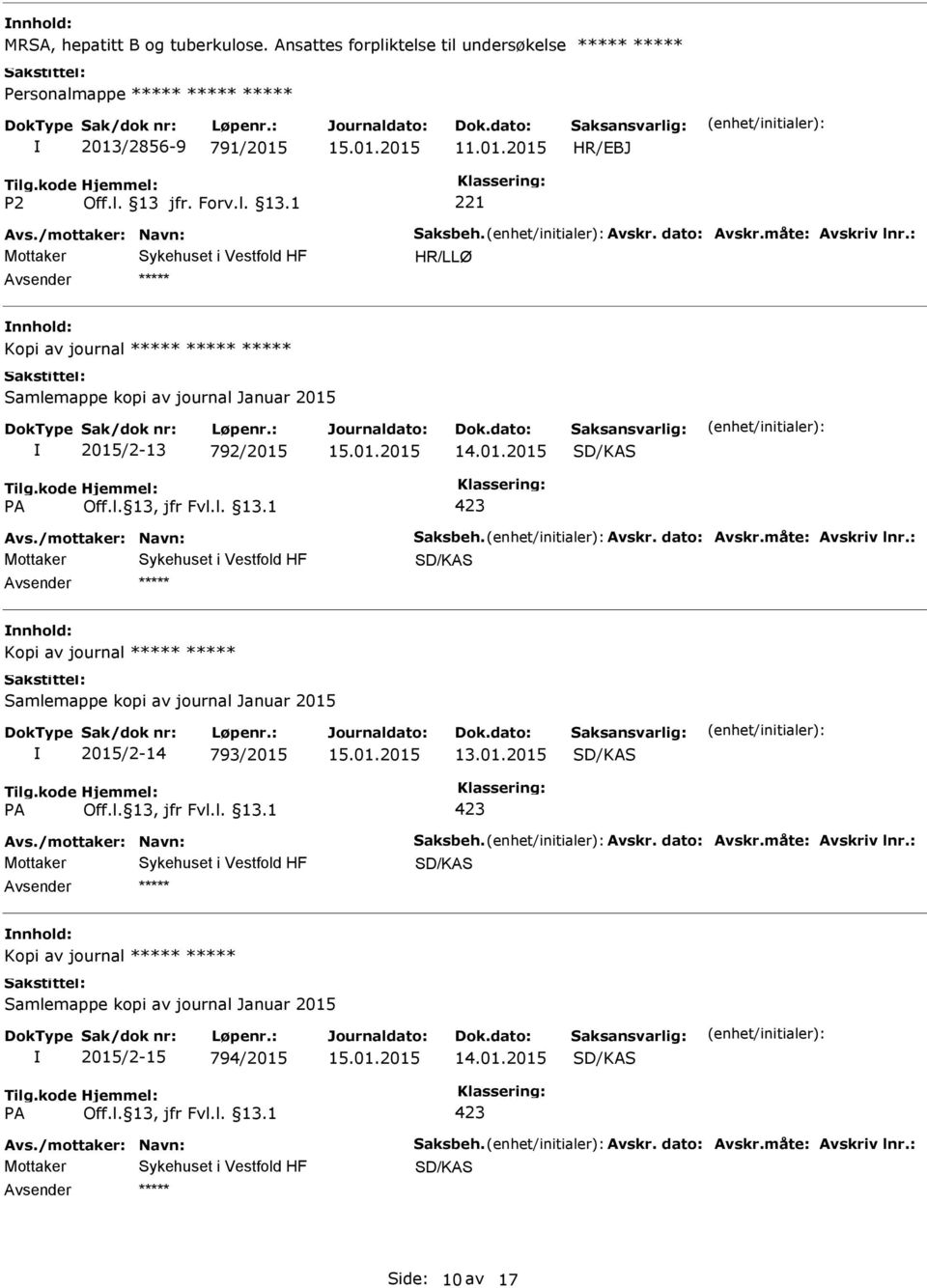 måte: Avskriv lnr.: SD/KAS Kopi av journal Samlemappe kopi av journal Januar 2015 2015/2-14 793/2015 SD/KAS 423 Avs./mottaker: Navn: Saksbeh. Avskr. dato: Avskr.