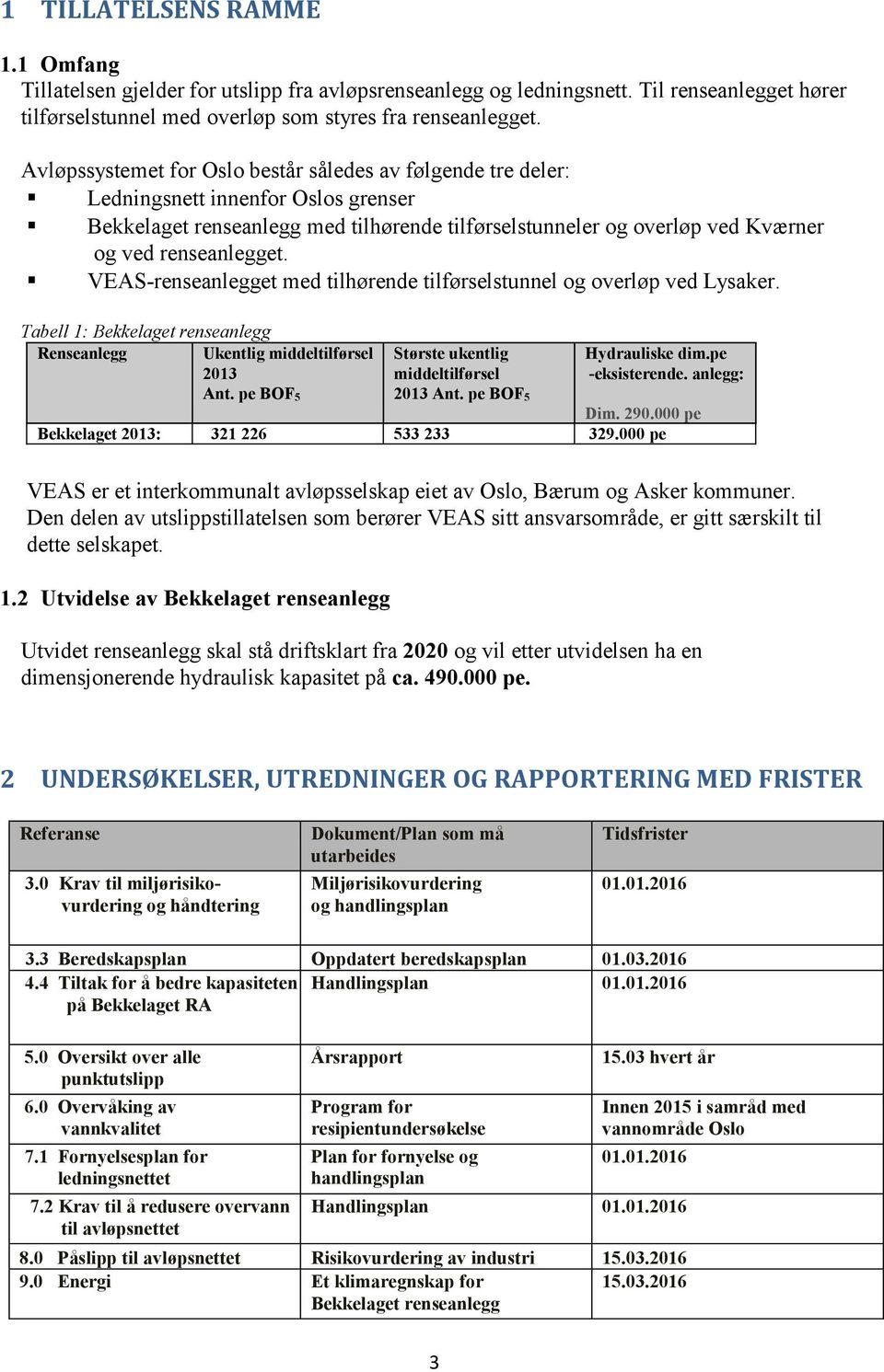 VEAS-renseanlegget med tilhørende tilførselstunnel og overløp ved Lysaker. Tabell 1: Bekkelaget renseanlegg Renseanlegg Ukentlig middeltilførsel 2013 Ant.