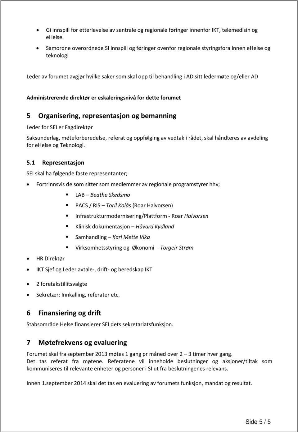 Administrerende direktør er eskaleringsnivå for dette forumet 5 Organisering, representasjon og bemanning Leder for SEI er Fagdirektør Saksunderlag, møteforberedelse, referat og oppfølging av vedtak