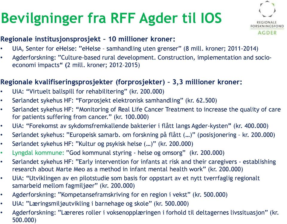 kroner; 2012 2015) Regionale kvalifiseringsprosjekter (forprosjekter) 3,3 millioner kroner: UiA: Virtuelt ballspill for rehabilitering (kr. 200.