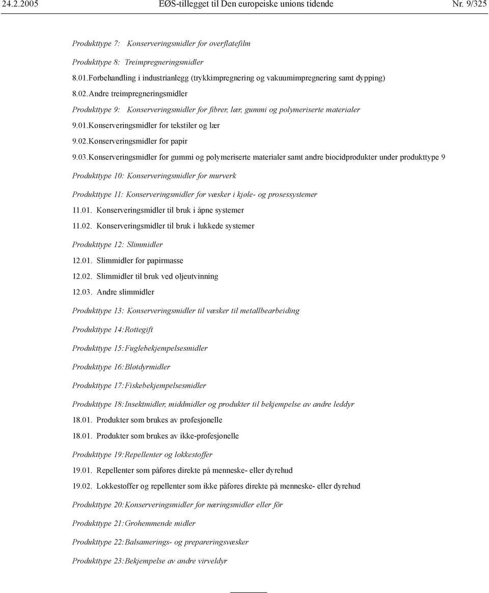 Andre treimpregneringsmidler Produkttype 9: Konserveringsmidler for fibrer, lær, gummi og polymeriserte materialer 9.01. Konserveringsmidler for tekstiler og lær 9.02. Konserveringsmidler for papir 9.