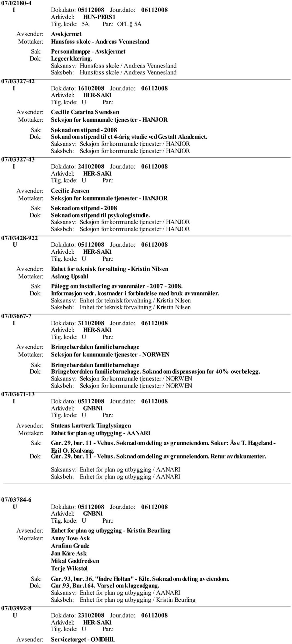 dato: Cecilie Catarina Svendsen Seksjon for kommunale tjenester - HANJOR Søknad om stipend - 2008 Søknad om stipend til et 4-årig studie ved Gestalt Akademiet.