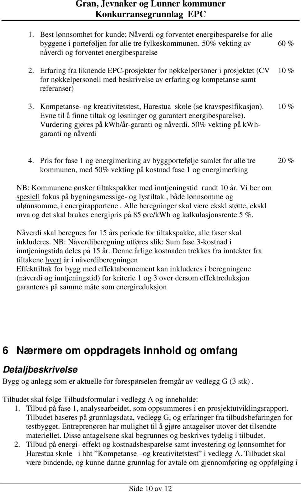 Kompetanse- og kreativitetstest, Harestua skole (se kravspesifikasjon). Evne til å finne tiltak og løsninger og garantert energibesparelse). Vurdering gjøres på kwh/år-garanti og nåverdi.