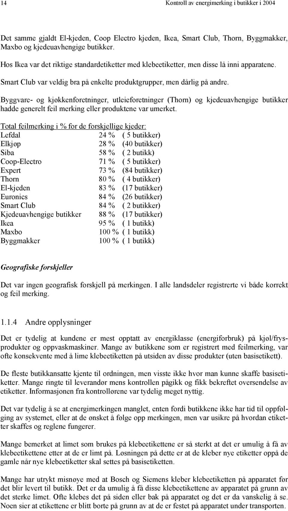 Byggvare- og kjøkkenforetninger, utleieforetninger (Thorn) og kjedeuavhengige butikker hadde generelt feil merking eller produktene var umerket.