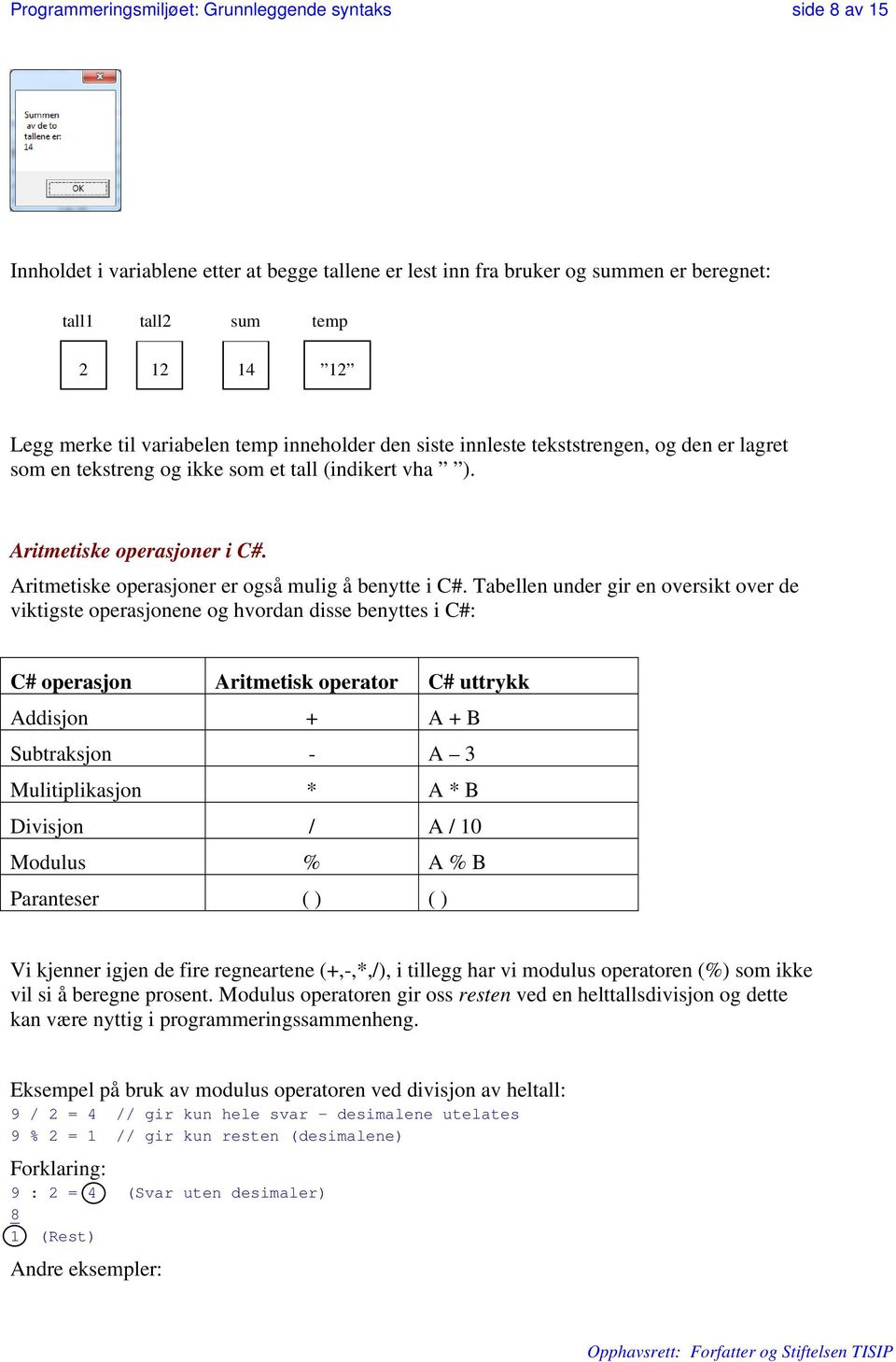 Aritmetiske operasjoner er også mulig å benytte i C#.