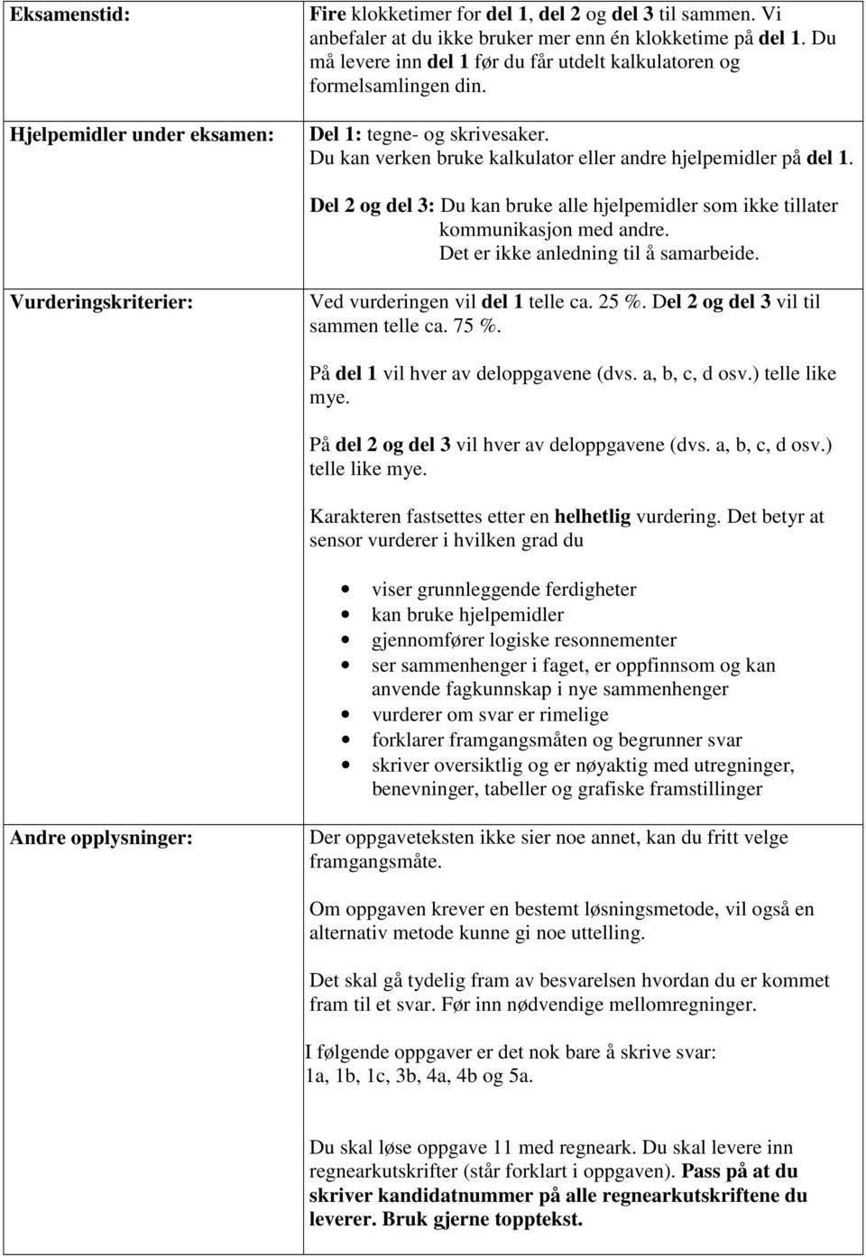 Del 2 og del 3: Du kn ruke lle hjelpemidler som ikke tillter kommuniksjon med ndre. Det er ikke nledning til å smreide. Vurderingskriterier: Ved vurderingen vil del 1 telle c. 25 %.