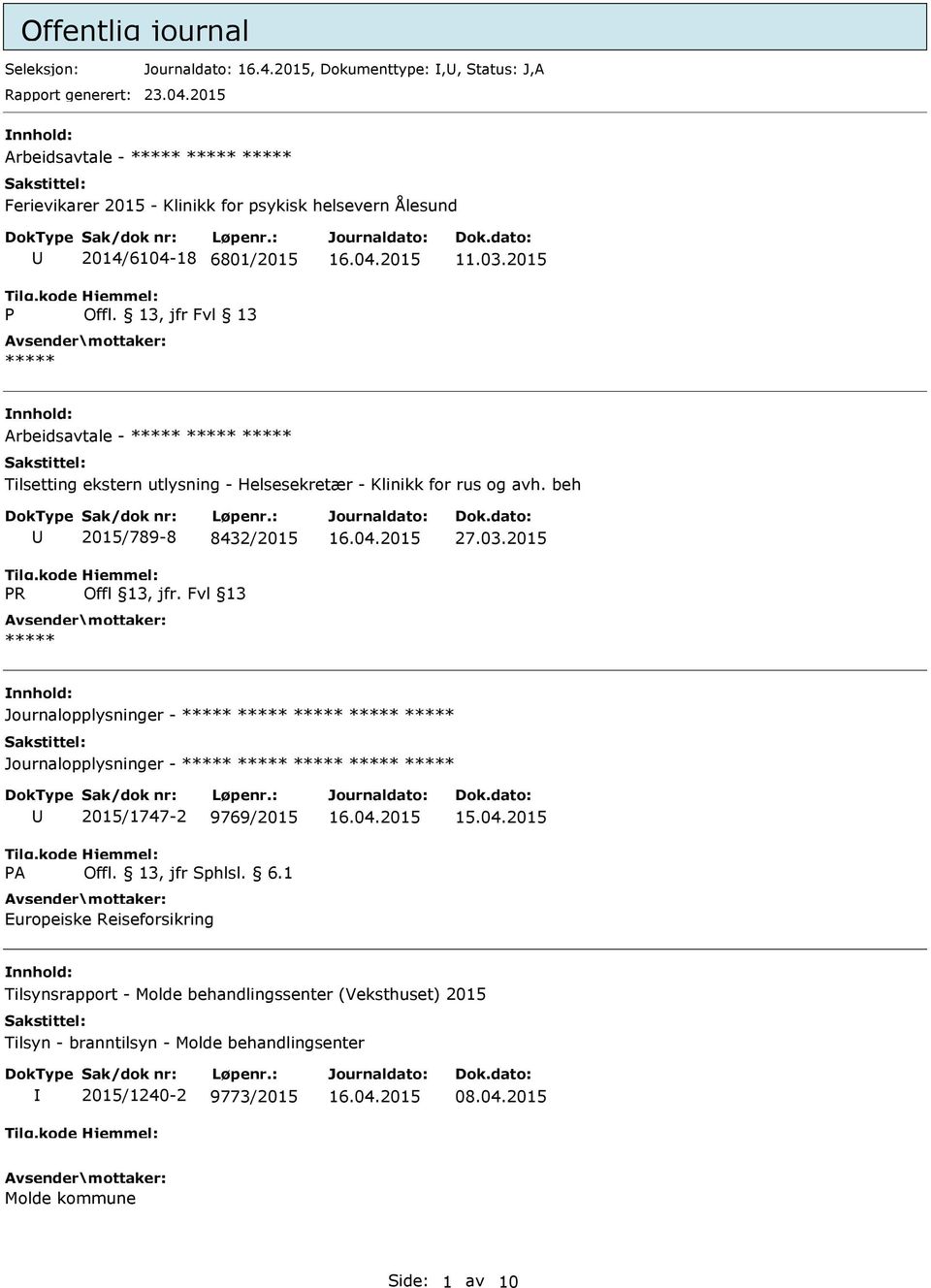 2015 Arbeidsavtale - Tilsetting ekstern utlysning - Helsesekretær - Klinikk for rus og avh. beh R 2015/789-8 8432/2015 Offl 13, jfr. Fvl 13 27.03.