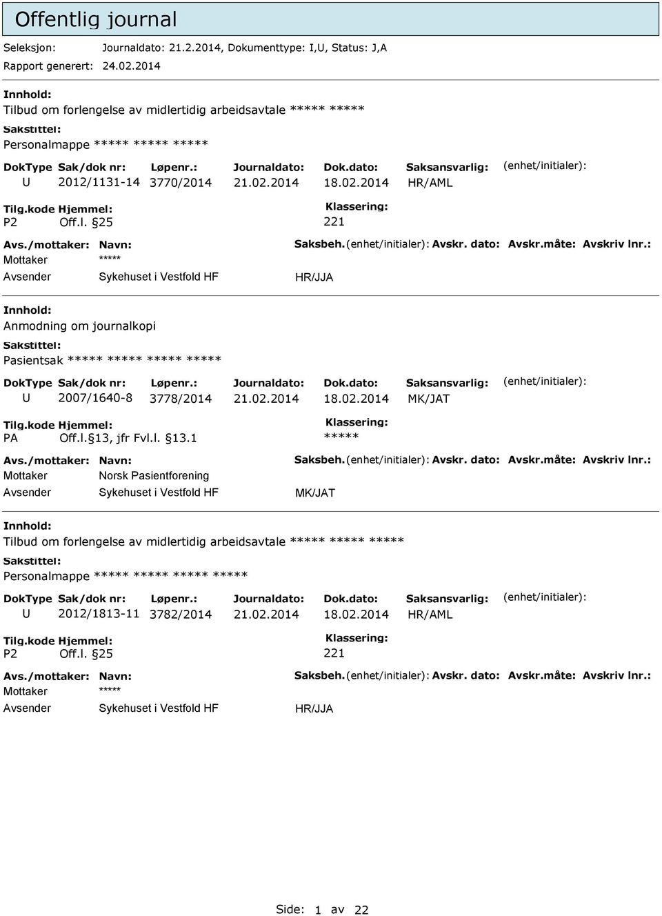 måte: Avskriv lnr.: Anmodning om journalkopi Pasientsak 2007/1640-8 3778/2014 MK/JAT Avs./mottaker: Navn: Saksbeh. Avskr. dato: Avskr.