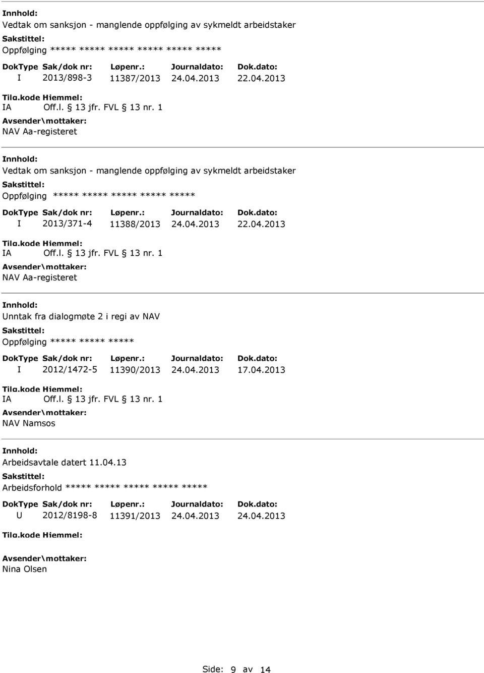 2013 Vedtak om sanksjon - manglende oppfølging av sykmeldt arbeidstaker Oppfølging ***** ***** ***** ***** ***** A 2013/371-4 11388/2013