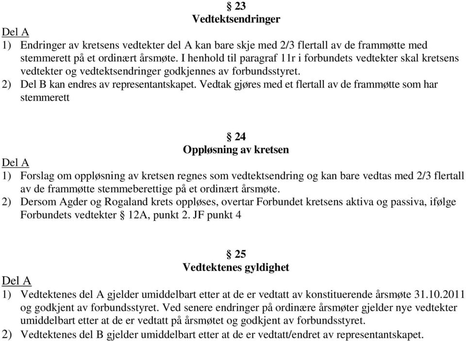 Vedtak gjøres med et flertall av de frammøtte som har stemmerett 24 Oppløsning av kretsen 1) Forslag om oppløsning av kretsen regnes som vedtektsendring og kan bare vedtas med 2/3 flertall av de