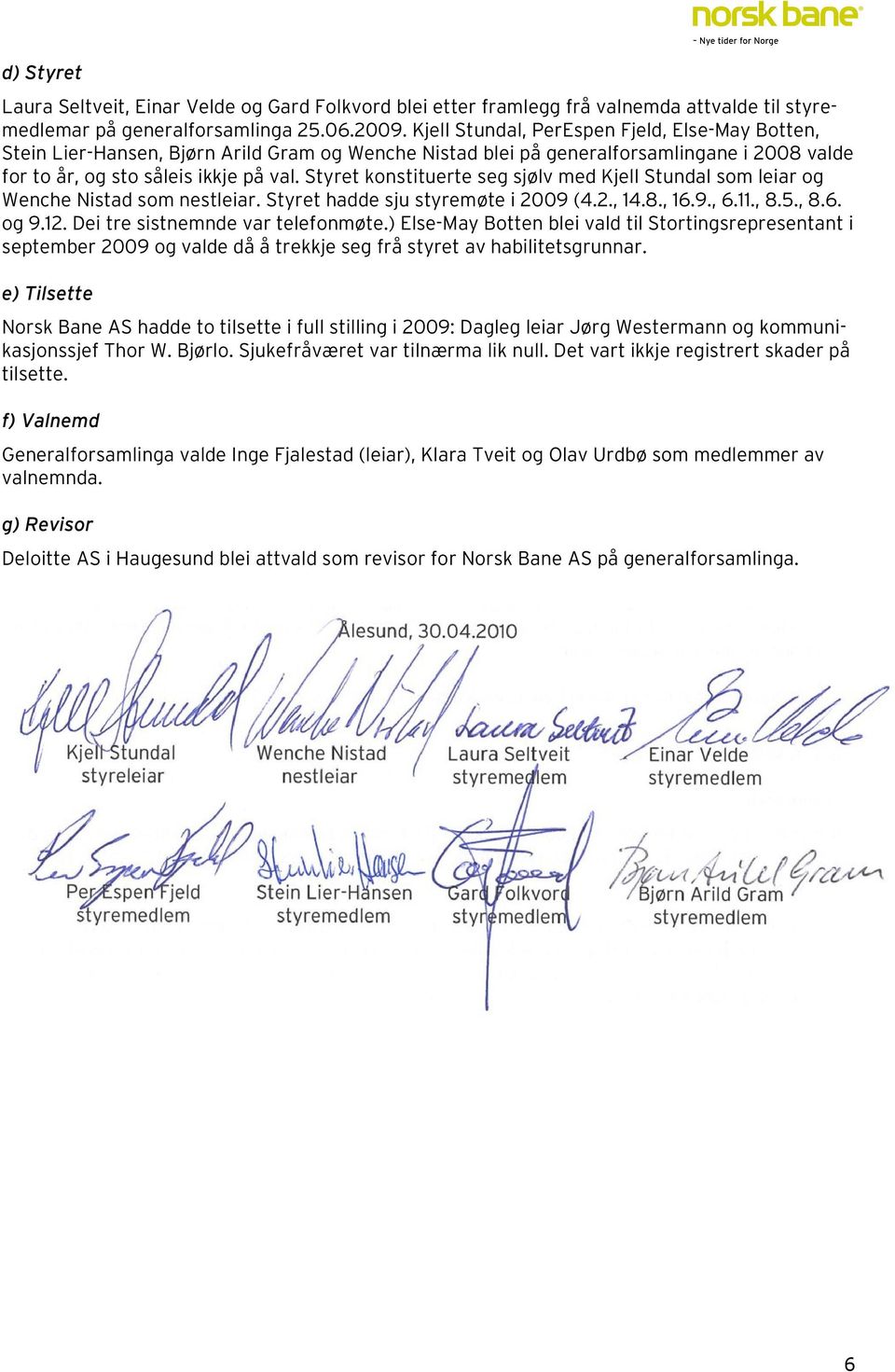 Styret konstituerte seg sjølv med Kjell Stundal som leiar og Wenche Nistad som nestleiar. Styret hadde sju styremøte i 2009 (4.2., 14.8., 16.9., 6.11., 8.5., 8.6. og 9.12.