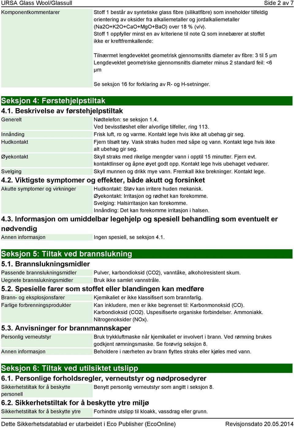 Stoff 1 oppfyller minst en av kriteriene til note Q som innebærer at stoffet ikke er kreftfremkallende: Tilnærmet lengdevektet geometrisk gjennomsnitts diameter av fibre: 3 til 5 µm Lengdevektet