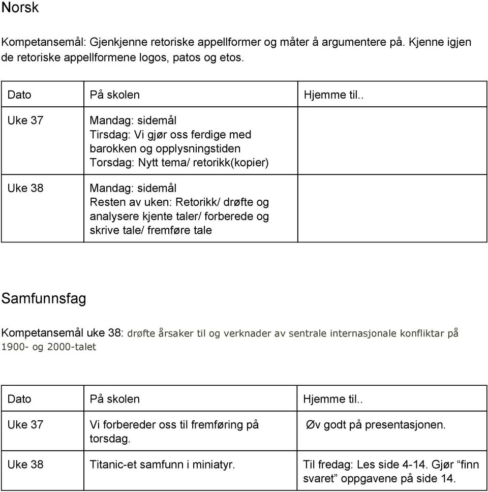 drøfte og analysere kjente taler/ forberede og skrive tale/ fremføre tale Samfunnsfag uke 38: drøfte årsaker til og verknader av sentrale internasjonale konfliktar