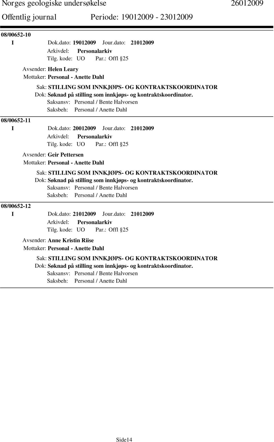 Saksansv: Personal / Bente Halvorsen Saksbeh: Personal / Anette Dahl 08/00652-11 I Dok.dato: 20012009 Jour.dato: 21012009 Tilg. kode: UO Par.