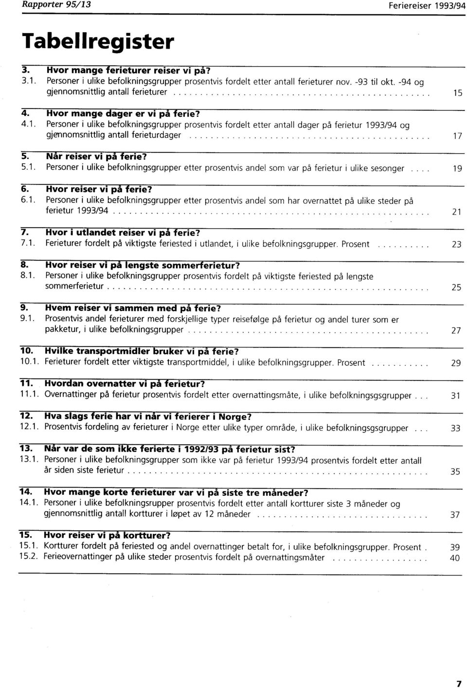 Når reiser vi på ferie? 5.1. Personer i ulike befolkningsgrupper etter prosentvis andel som var på ferietur i ulike sesonger. 19 6. Hvor reiser vi på ferie? 6.1. Personer i ulike befolkningsgrupper etter prosentvis andel som har overnattet på ulike steder på ferietur 1993/94 21 7.