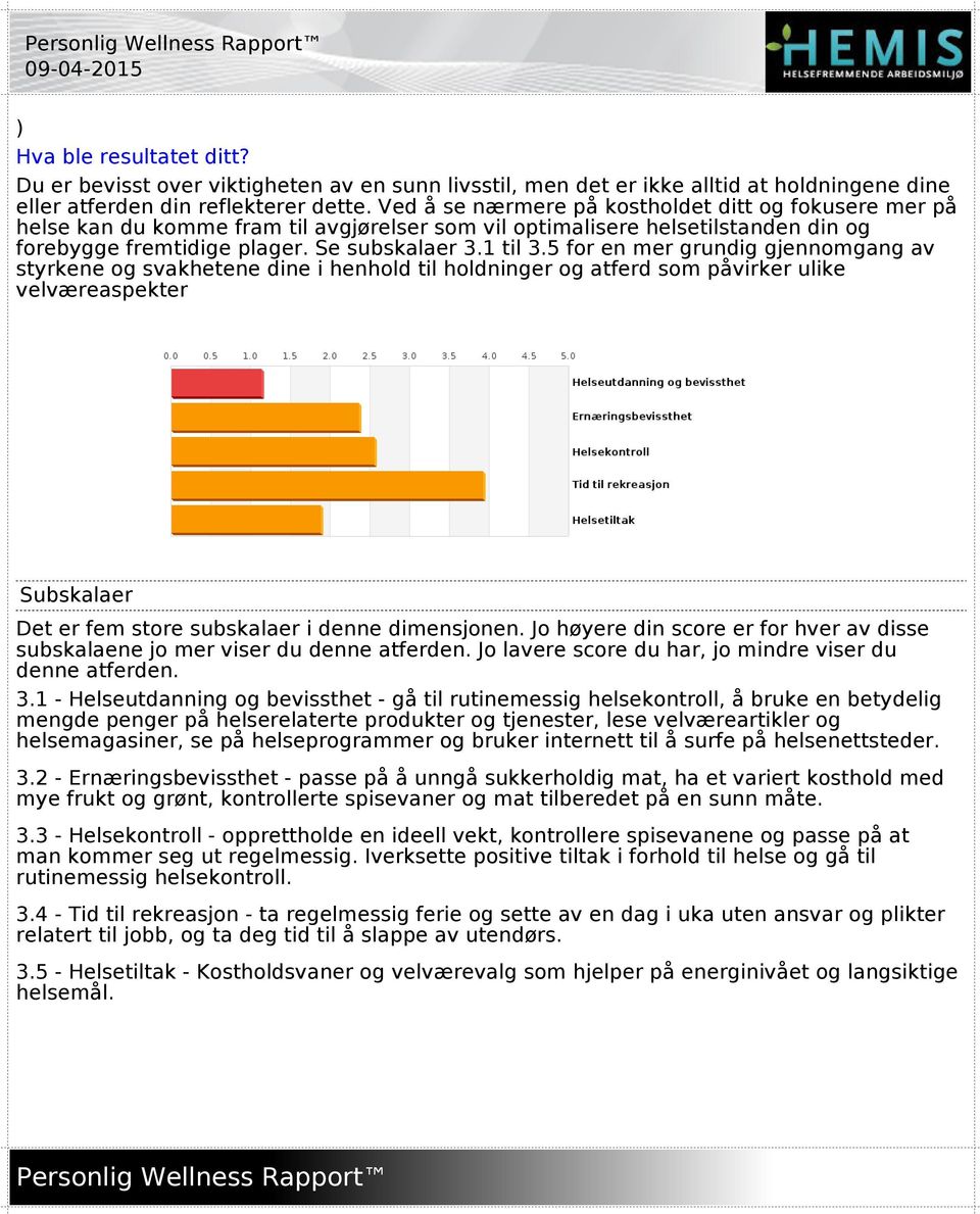 5 for en mer grundig gjennomgang av styrkene og svakhetene dine i henhold til holdninger og atferd som påvirker ulike velværeaspekter Subskalaer Det er fem store subskalaer i denne dimensjonen.