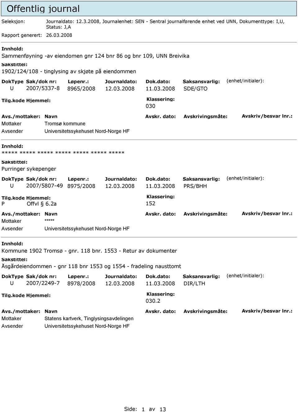 kommune niversitetssykehuset Nord-Norge HF ***** urringer sykepenger 2007/5807-49 8975/2008 niversitetssykehuset Nord-Norge HF Kommune 1902 Tromsø - gnr. 118 bnr.